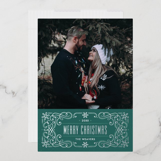 Foil Snowflake Flourish Frame Card - Teal (Envelope)