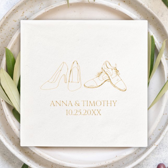 Foil Stamped Napkins (gold foil wedding cocktail napkin bride & groom shoes hand drawn doodle personalized name & date )