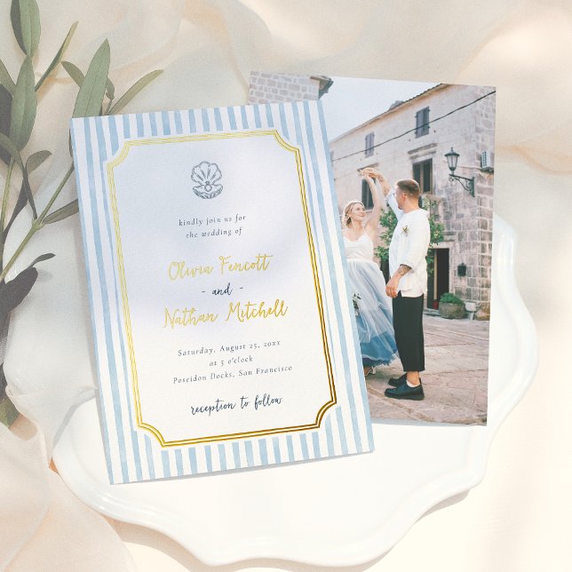 Foil Whimsical Retro Blue Stripes Wedding (Creator Uploaded)