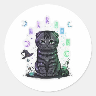 Fold Familiar – Witch’s Familiar Scottish Fold Cat Classic Round Sticker