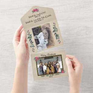 Fold out lion and lamb card with tear-off photo