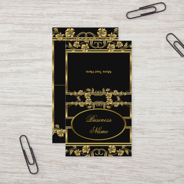Fold Over Elegant Gold on Gold Black Floral Business Card (Front/Back In Situ)