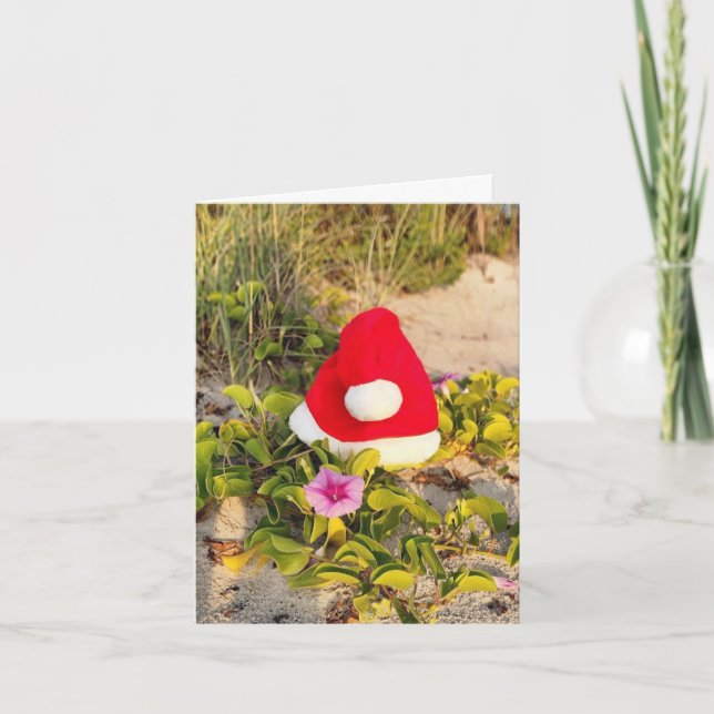 Folded Beach theme Holiday card with Santa Hat (Front)