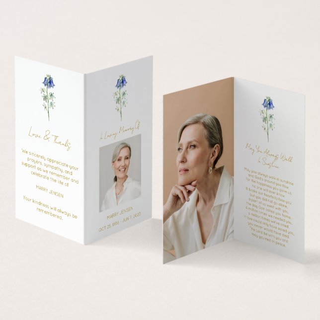 Folded Bluebell Photo Funeral Prayer Card (Inside and Outside)