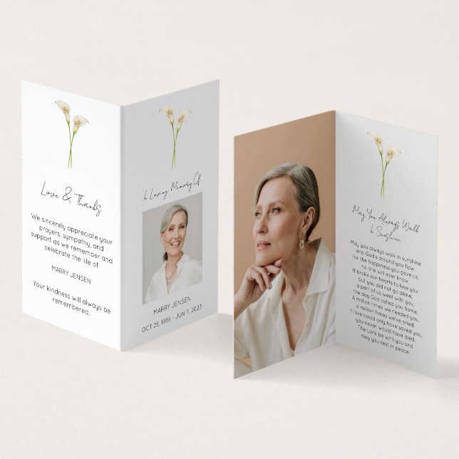 Folded Calla Lily Photo Funeral Prayer Card (Inside and Outside)
