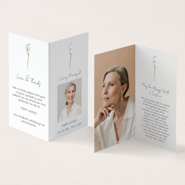 Folded Calla Lily Photo Funeral Prayer Card (Inside and Outside)