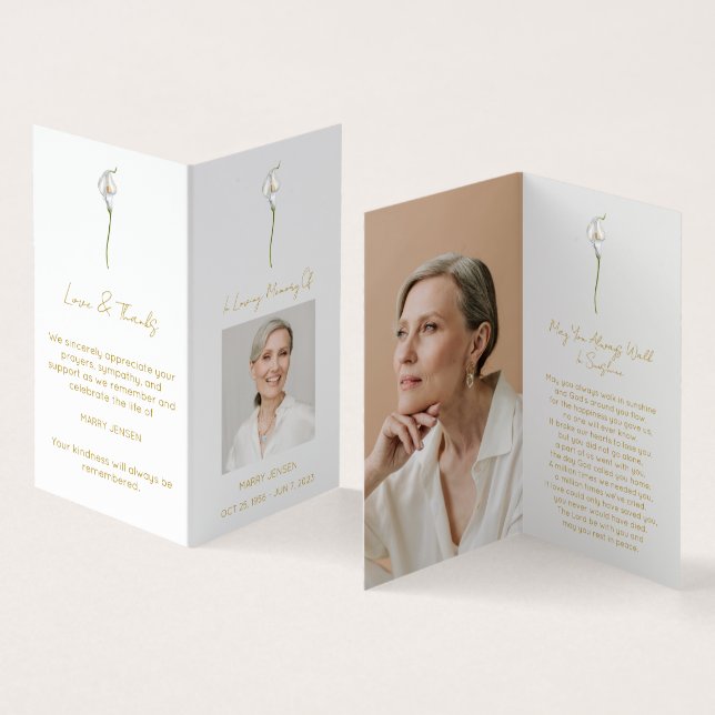 Folded Calla Lily Photo Funeral Prayer Card (Inside and Outside)