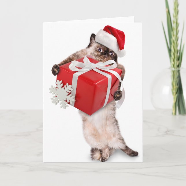 Folded Christmas Card SANTA CAT WITH GIFT (Front)