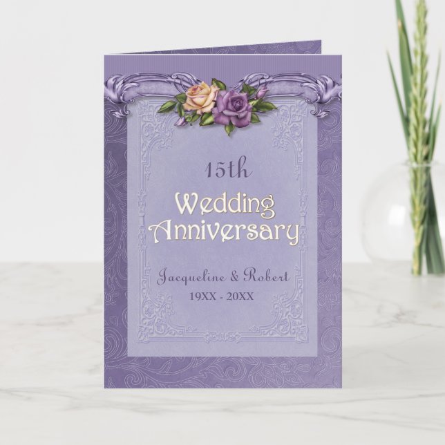 Folded Damask  Roses Purple 15th Anniversary Card (Front)