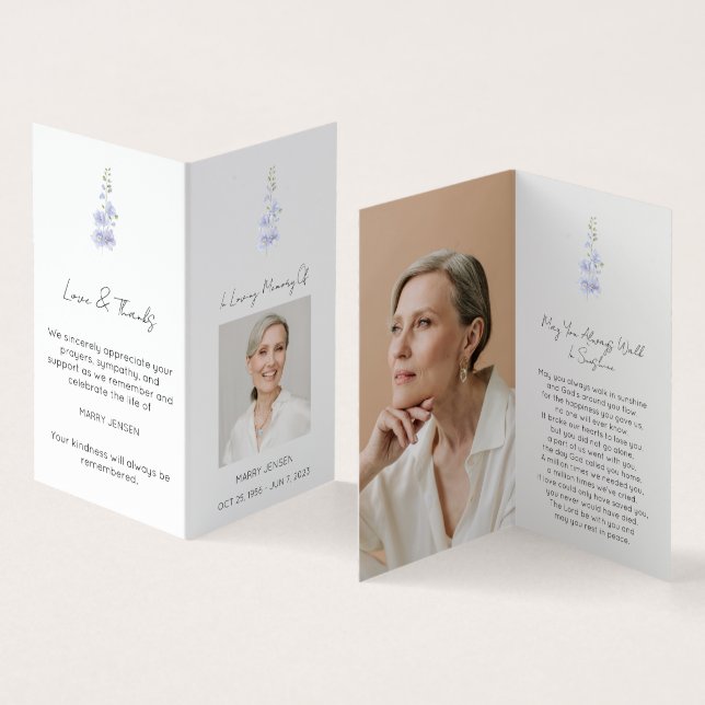 Folded Delphinium Photo Funeral Prayer Card (Inside and Outside)