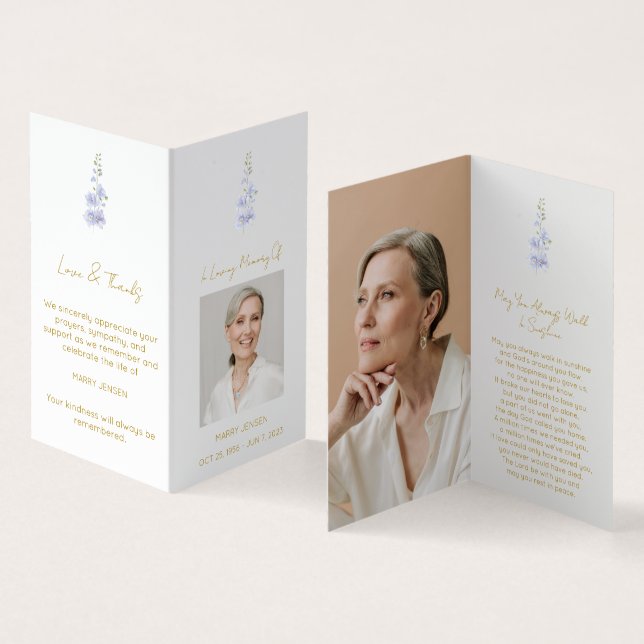 Folded Delphinium Photo Funeral Prayer Card (Inside and Outside)
