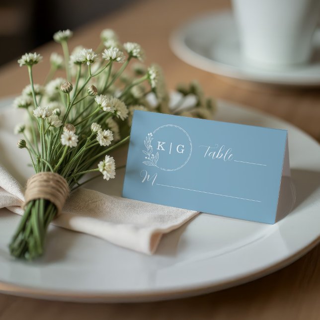 Folded Dusty Blue Elegant Wedding Monogram Place Card (Dusty Blue Monogram wedding seating place cards)
