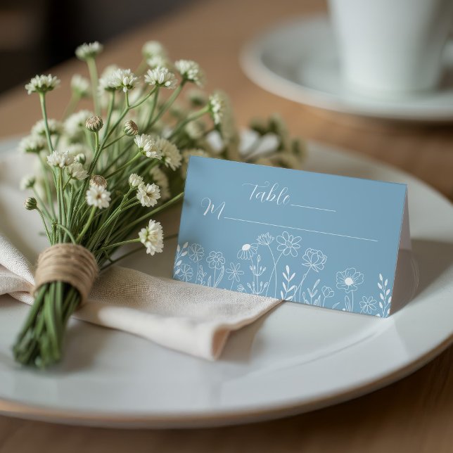 Folded Dusty Blue Elegant Wedding Wildflower Place Card (Wedding Dusty Blue and White Wildflowers on folder seating place card.)