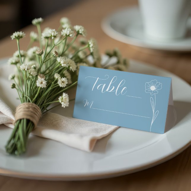 Folded Dusty Blue Floral Elegant Place Card (wedding Dusty Blue Wildflower folded seating card minimal modern simple)