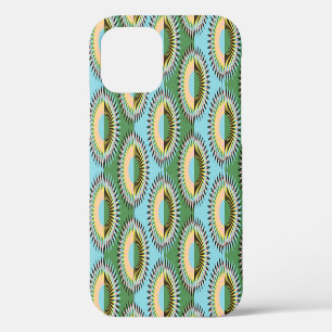 Folded flowers: retro blue-green pattern. iPhone 12 case