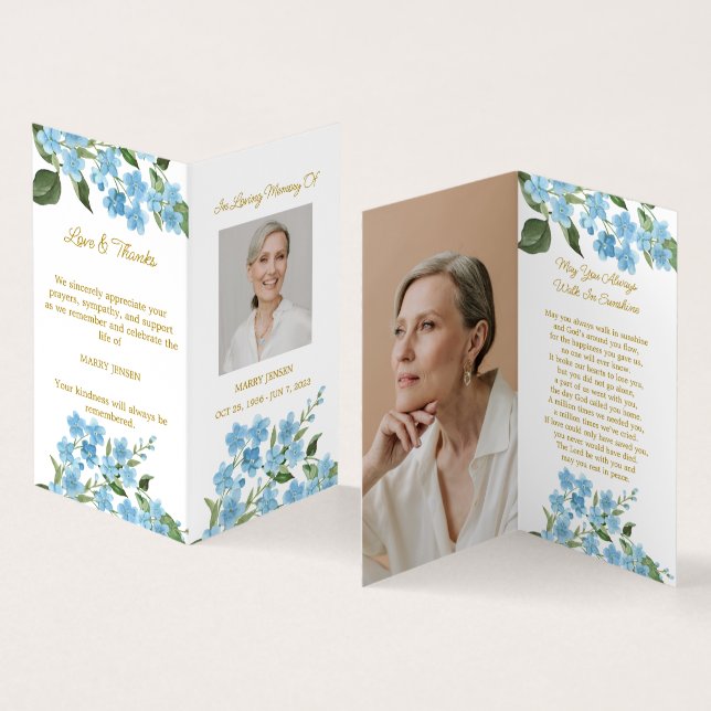 Folded Forget me not Photo Funeral Prayer Card (Inside and Outside)