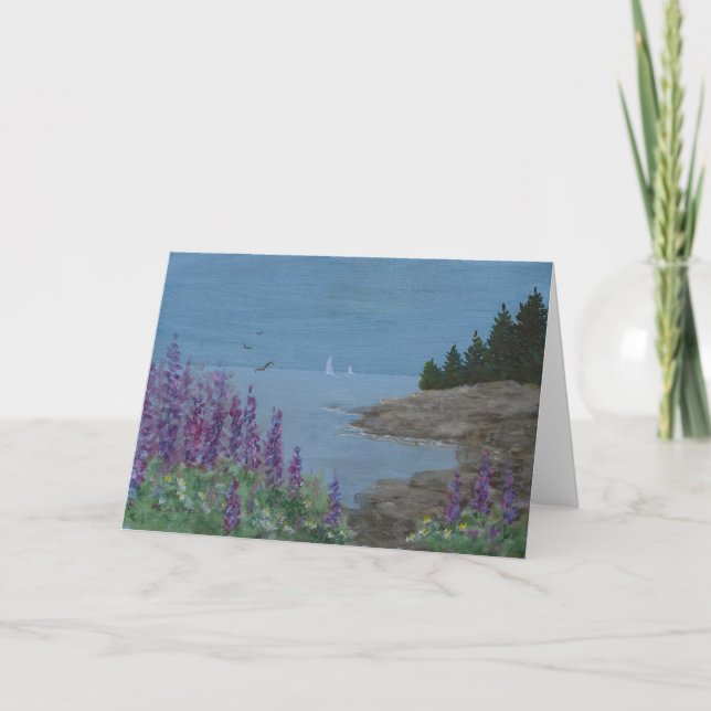 Folded Greeting Card Maine Coast Lupins (Front)