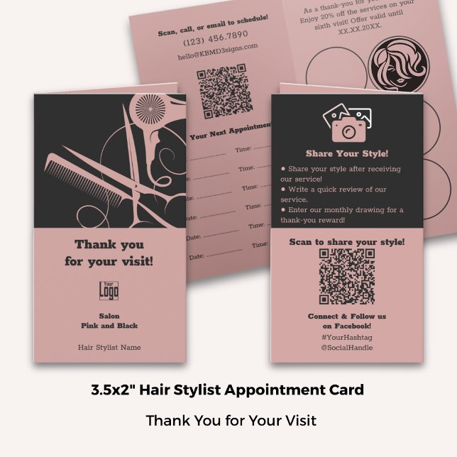 Folded Hair Stylist Pink Black Loyalty Thank You & Appointment Card (Folded Hair Stylist Pink Black Loyalty Thank You & Appointment Card; Standard Size 3.5x2 Inch)