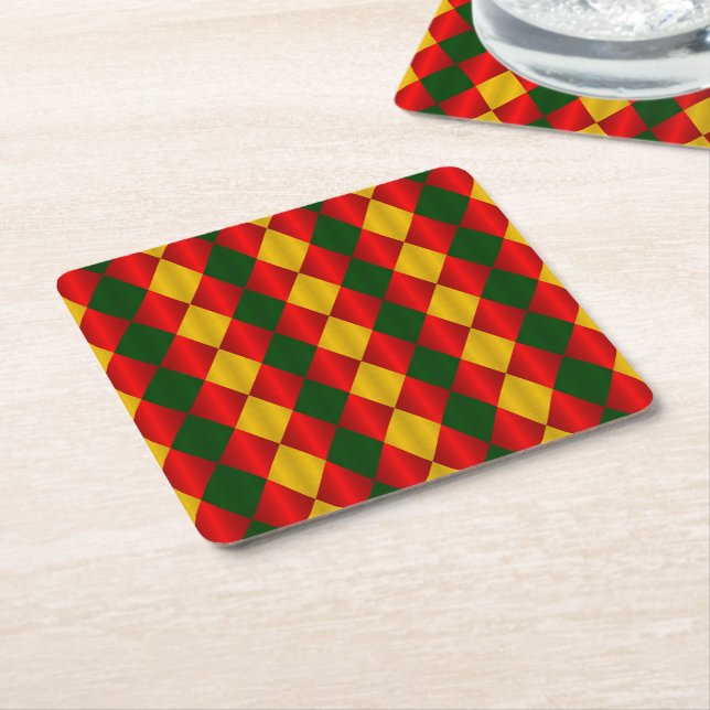 Folded Harlequin-Red-Green-Gold-PARTY COASTERS (Angled)
