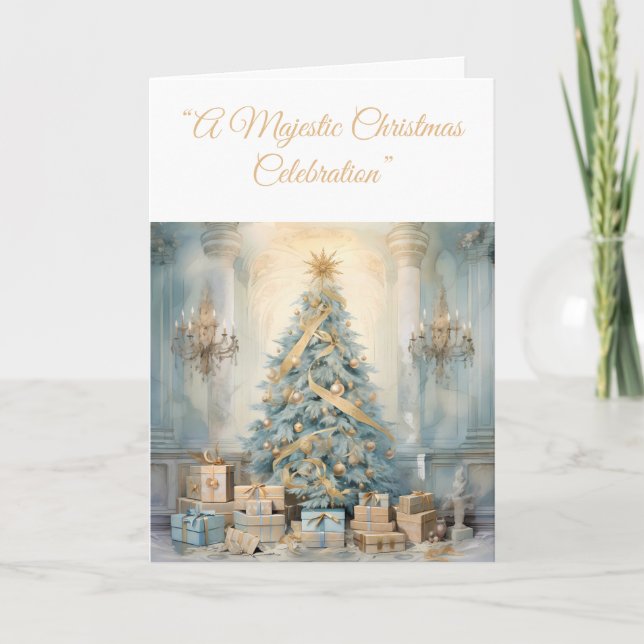Folded Holiday Card-Blue & Gold Xmas Elegance Card (Front)