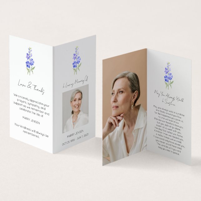 Folded Larkspur Photo Funeral Prayer Card (Inside and Outside)