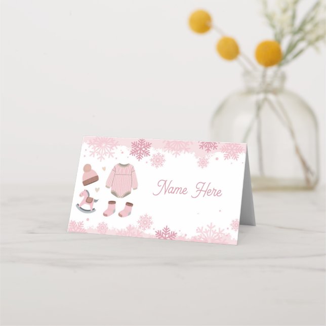 Folded Name Cards Baby Shower Cold Winter Pink (Front)