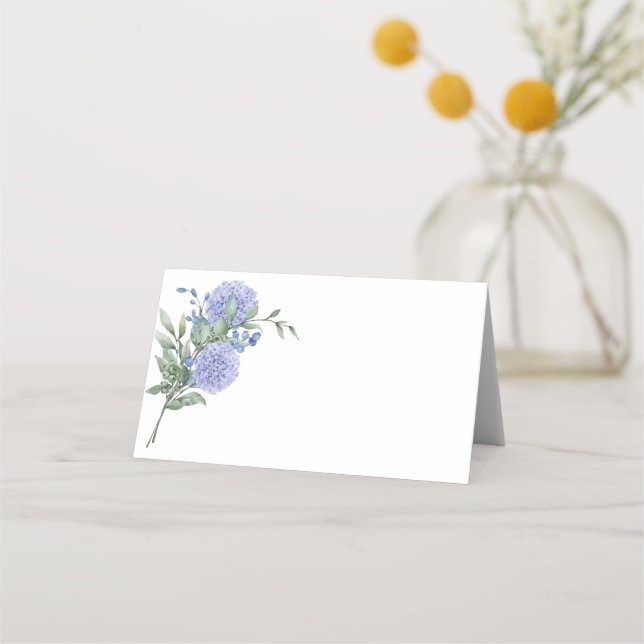 Folded Name Place Card-Blue Hydrangeas Card (Front)