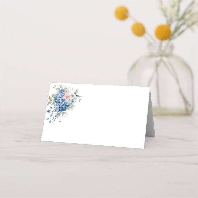 Folded Name Place Card-Blue Hydrangeas Card (Front)