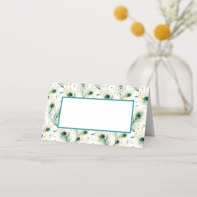Folded Name Place Card-Peacock Feathers Card (Front)
