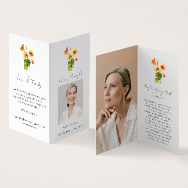 Folded Nasturtium Photo Funeral Prayer Card (Inside and Outside)