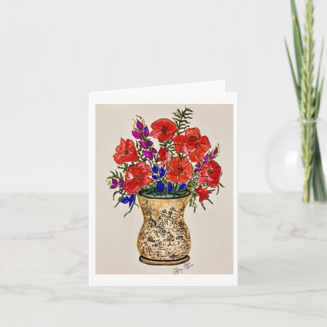 Folded Note Card original painting of red poppies (Front)