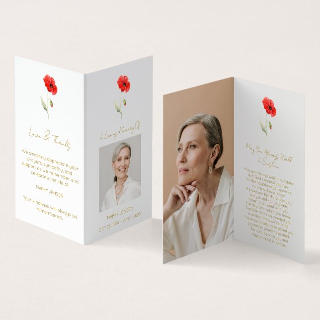Folded Poppy Photo Funeral Prayer Card (Inside and Outside)