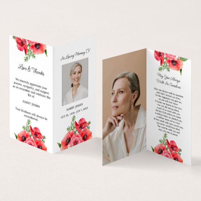 Folded Poppy Photo Funeral Prayer Card (Inside and Outside)