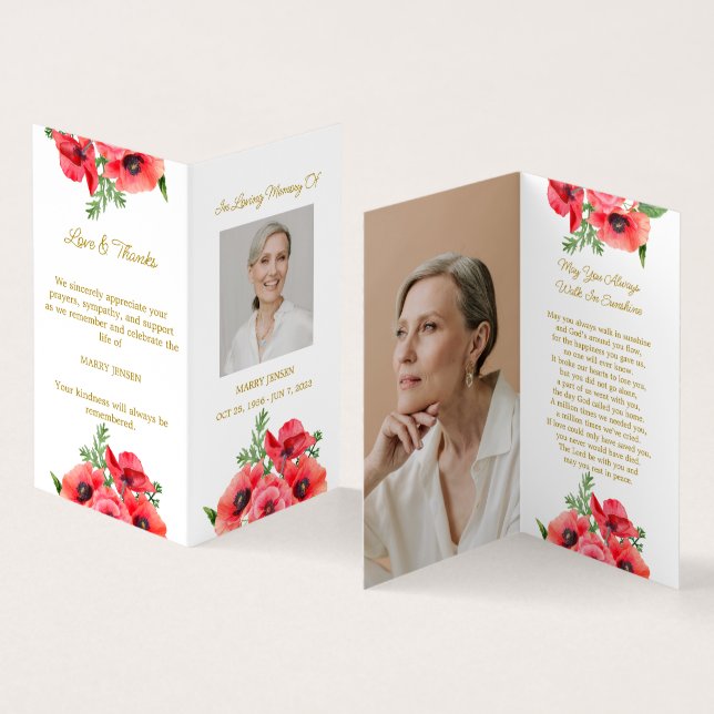 Folded Poppy Photo Funeral Prayer Card (Inside and Outside)