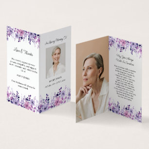 Folded Purple Flower Photo Funeral Prayer Card