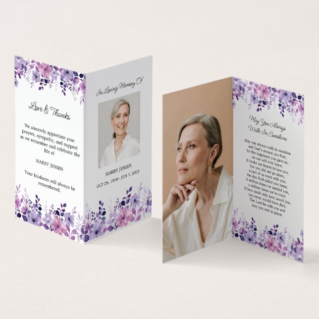 Folded Purple Flower Photo Funeral Prayer Card (Inside and Outside)