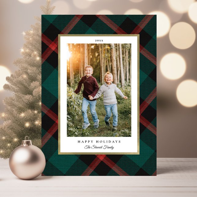 Folded Red and Green Plaid Photo Holiday Card (Folded Red and Green Plaid Happy Holidays Photo Card)