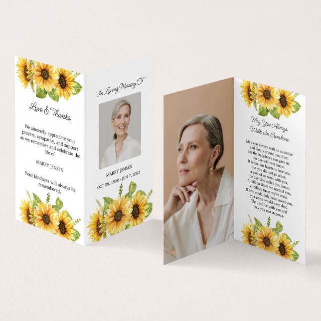 Folded Sunflower Photo Funeral Prayer Card (Inside and Outside)