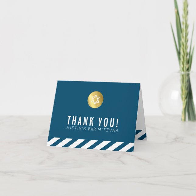 FOLDED THANK YOU bar mitzvah gold star dark blue Card (Front)