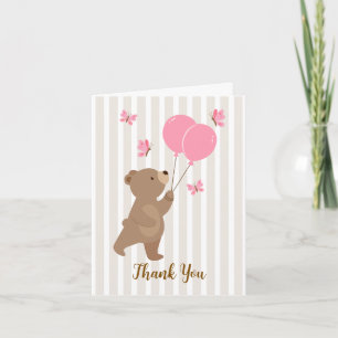 Folded Thank you card Bear Balloons Pink