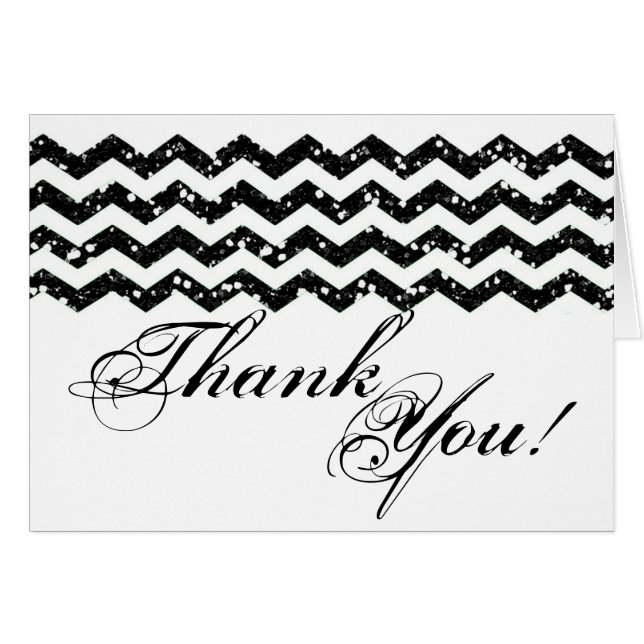 Folded Thank You Card Black Glitter Chevron Stripe (Front Horizontal)