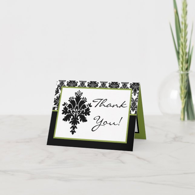 Folded Thank You Card Black Green Damask Lace (Front)