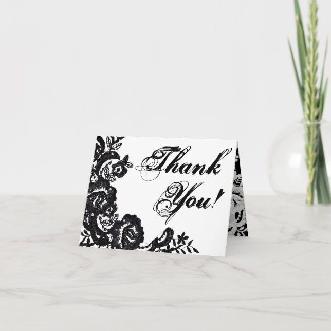 Folded Thank You Card Black Lace Damask Antique (Front)