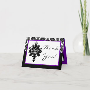 Folded Thank You Card Black Purple Damask Lace