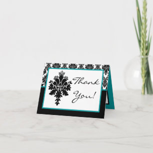 Folded Thank You Card Black Teal Damask Lace