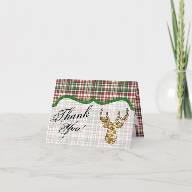 Folded Thank You Card Gold Glitter Reindeer Plaid (Front)