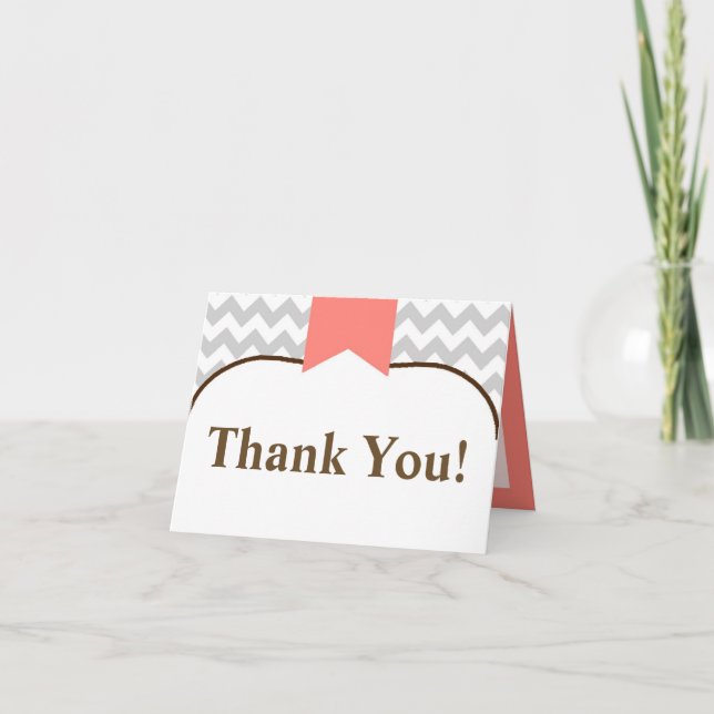Folded Thank You Card Modern Chevron Stripe Coral (Front)