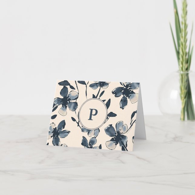 Folded Thank You Card Monogram Blue Flowers (Front)
