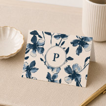 Folded Thank You Card Monogram Blue Flowers