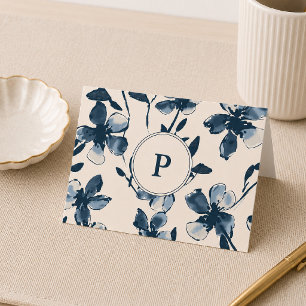 Folded Thank You Card Monogram Blue Flowers